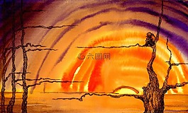 日落,插圖,繪圖