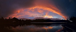 日落,湖,水