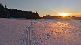 日落,雪,冬天