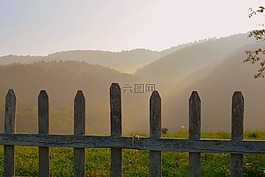 圍欄,山,霧