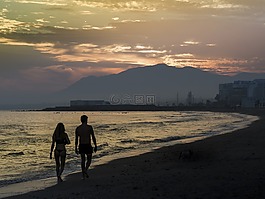 夫婦,日落,海灘
