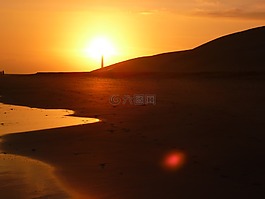 日落,海灘,燈塔