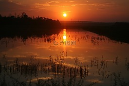 日落,湖,羅馬尼亞