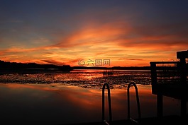 日落,湖,太陽
