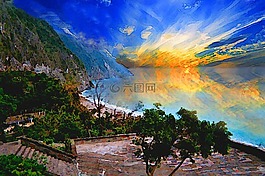 夕阳,海岸,油画