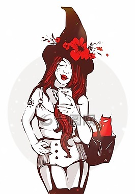 女孩,貓,插圖