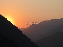 日落,山,谷