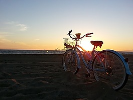 日落,海灘,自行車