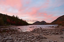 日落,湖,海岸線