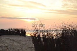 海灘,晚上,日落