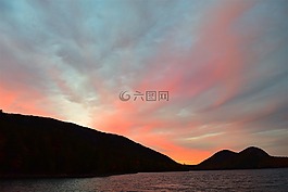日落,天空,湖