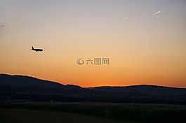 黃昏,飛機,國家航班