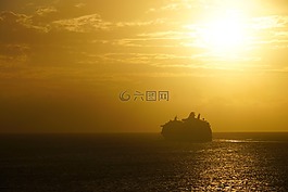 日落,海,船舶