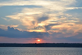 日落,河,云