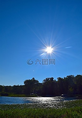 天空,太陽,湖