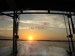 日出,釣魚,船