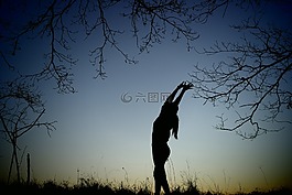 女孩,森林,日落