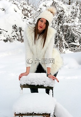 女孩,雪,椅子