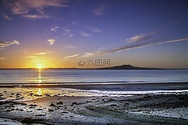 太陽升起,海灘,新西蘭