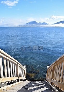 樓梯,海洋,霧