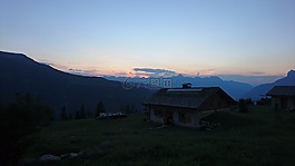 日落,山,木屋