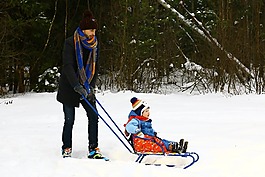 爸,雪橇,嬰兒