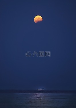 月亮,海,船