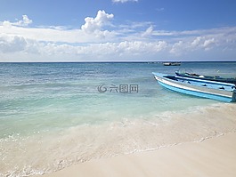 加勒比海滩,泻湖,小船