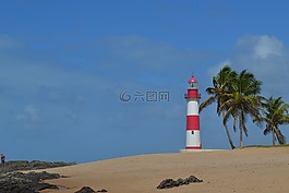 燈塔,海灘,椰子樹