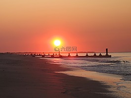日出,海洋,海灘