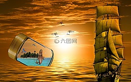 幻想,海,帆船