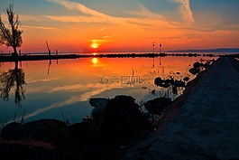 巴拉頓湖,日落,水