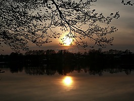 湖,西,太陽