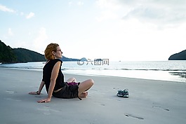 婦女,海灘,放松身心