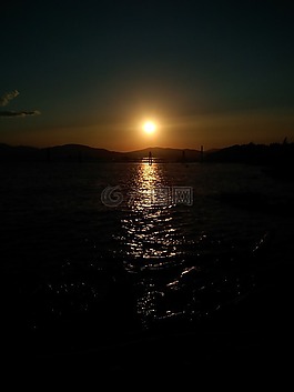 日落,湖,山