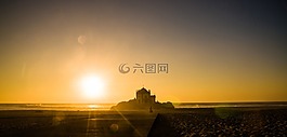 日落,海滩,教堂