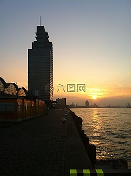 端口,河,日落