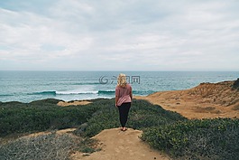 后視圖,海灘,金發女郎