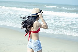 海灘,年輕,女孩