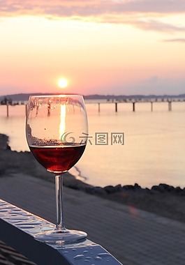 酒,海灘,日落