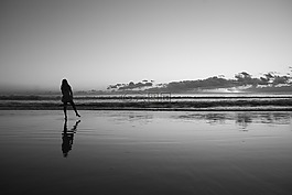 海灘,日落,女孩