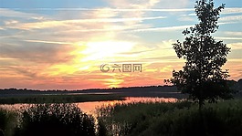 日落,夏,湖