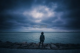 人,站在,岸