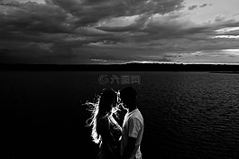 海灘,云,夫婦