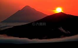 火山,日落,晚上