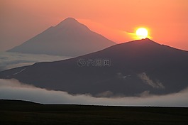 火山,日落,晚上