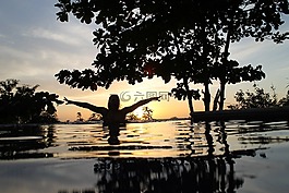 池,日落,夏天