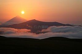 火山,日落,晚上