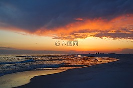 日落,海岸線,海灘