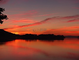 日落,湖,太陽